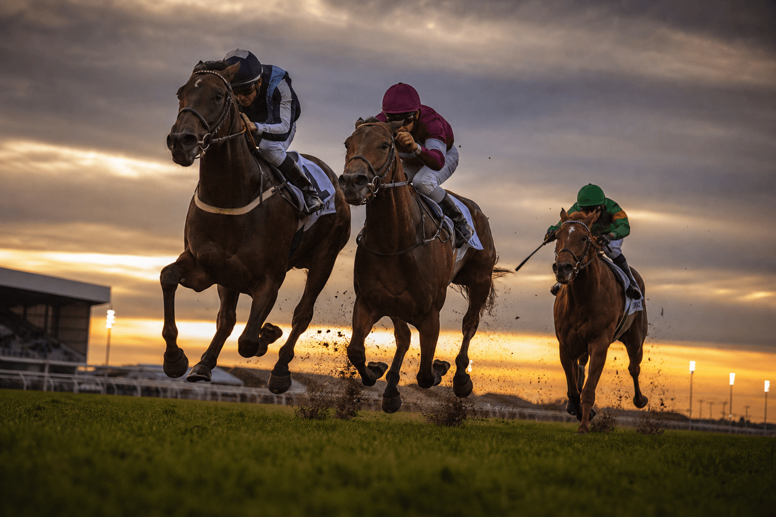 Racehorses galloping on the turf at dusk
